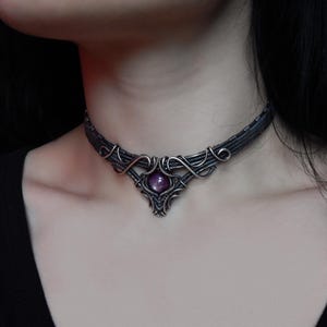 Gargantilla de rubí estrella - Gargantilla élfica - Gargantilla de alambre - Gargantilla de plata esterlina - Collar gótico - Collar de cristal hecho a mano - Amuleto de bruja
