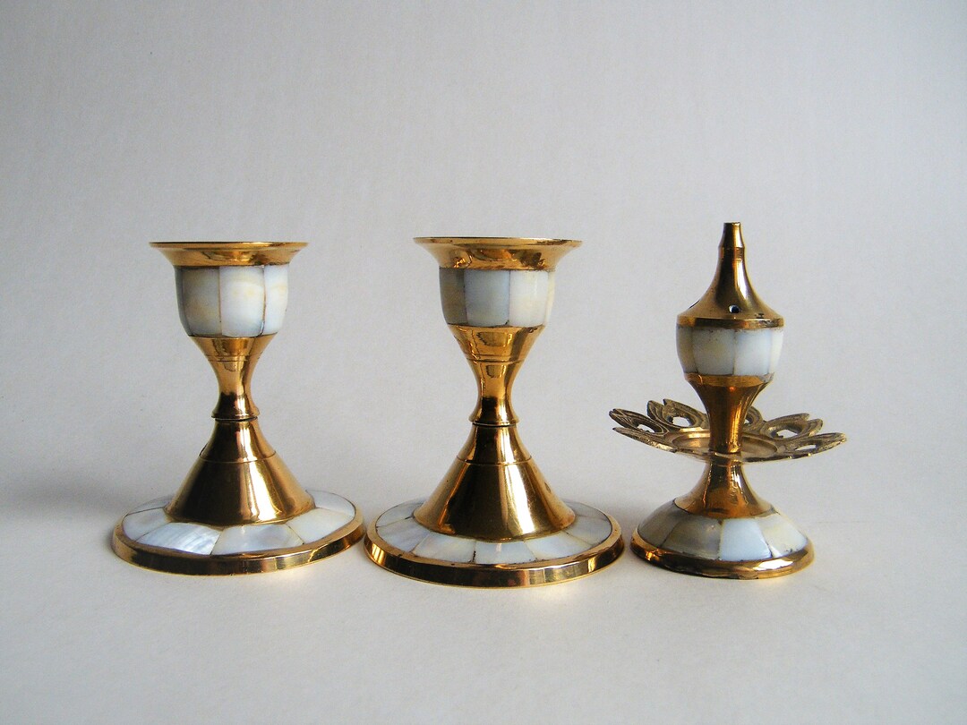Vintage Set 2 Candle Holders and Incense Holder Brass Mother of Pearl ...
