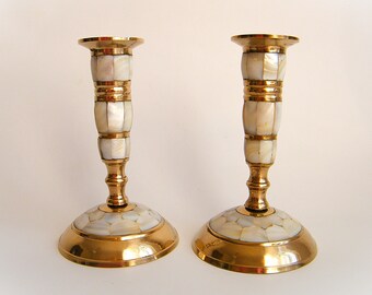 Vintage Brass Candle Holders with Nacre Inlay: Handmade Indian Decor