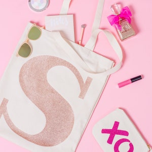 Monogrammed Tote - Gift Idea for Girls - Rose Gold Glitter - Initial Tote Bag - Alphabet Bags