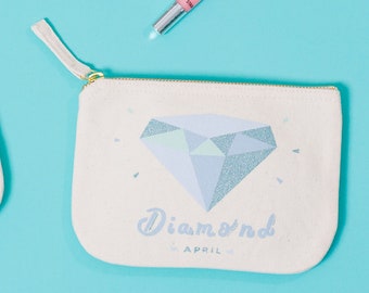 Diamond Birthstone - Canvas Pouch - Birthday Gift for Her - Enamel Pin Set - Birthstones Pouch - Alphabet Bags