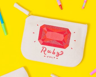 Ruby Birthstone - Canvas Pouch - Birthday Gift for Her - Birthstones Pouch - Enamel Pin Set - Alphabet Bags