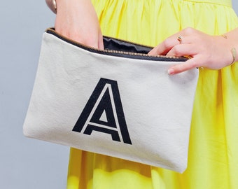 Monogram Clutch - Canvas Makeup Bag - Cosmetics Pouch - Makeup Pouch - Toiletry Bag - Canvas Zipper - Large Initial Pouch - Alphabet Bags