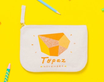 Topaz Birthstone - Canvas Pouch - Birthday Gift for Her - Enamel Pin Set - Birthstones Pouch - Alphabet Bags