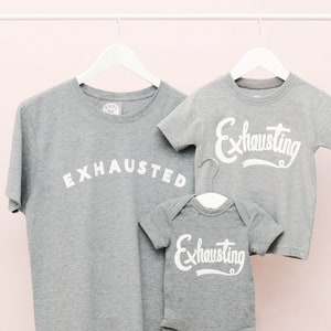 Exhausted T-Shirt Set Exhausted/Exhausting Matching Set Mini Me Clothes Funny Parent Clothes Exhausted Top Set Alphabet Bags image 2