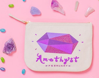 Amethyst Birthstone - Canvas Pouch - Birthday Gift for Her - Enamel Pin Set - Birthstones Pouch - Alphabet Bags