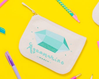 Aquamarine Birthstone - Canvas Pouch - Birthday Gift for Her - Enamel Pin Set - Birthstones Pouch - Alphabet Bags