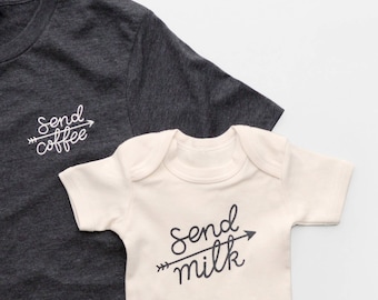 Mum and Baby T Shirt - Mother Baby Clothing Set - Send Coffee/Send Milk Set - Alphabet bags