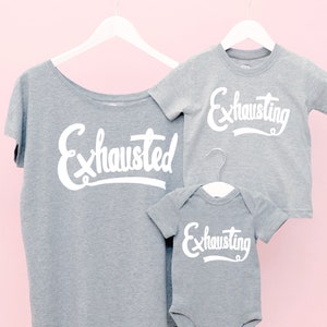 Exhausted T-Shirt Set Exhausted/Exhausting Matching Set Mini Me Clothes Funny Parent Clothes Exhausted Top Set Alphabet Bags image 1