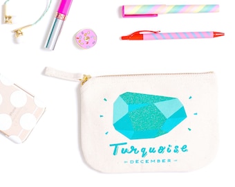 Turquoise Birthstone - Canvas Pouch - Birthday Gift for Her - Enamel Pin Set - Birthstones Pouch - Alphabet Bags