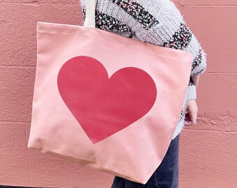 Heart Canvas Bag - Canvas Tote - Big Canvas Tote Bag - Pink Shopper - Valentine's Day Gift - Pink Tote Bag - Market Tote - Valentines Gift