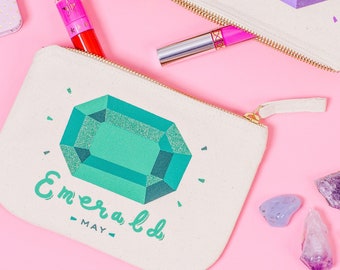 Emerald Birthstone - Canvas Pouch - Birthday Gift for Her - Enamel Pin Set - Birthstones Pouch - Alphabet Bags