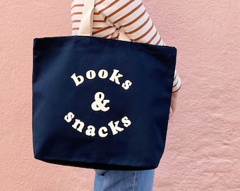 Books & Snacks Canvas Bag - Canvas Tote - Big Canvas Tote Bag -  Canvas Bag - Canvas Shopper Bag - Large Tote Bag - School Bag - Blue