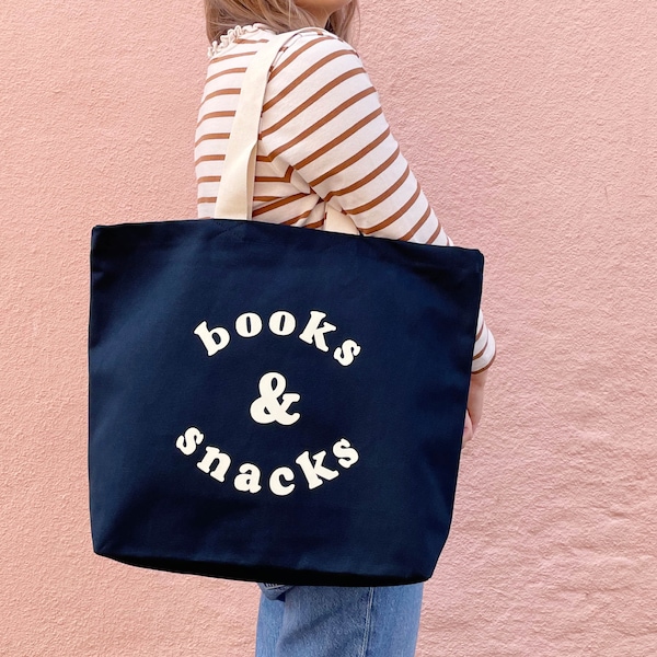 Books & Snacks Canvas Blue Tote Bag | Large Canvas Shopper and Tote Bag | School Bag, Everyday Canvas Tote | Fun Gift for Her