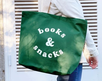 Books & Snacks Canvas Bag - Canvas Tote - Big Canvas Tote Bag -  Canvas Bag - Canvas Shopper Bag - Large Tote Bag - School Bag