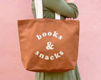 Books & Snacks Canvas Bag - Canvas Tote - Tan Canvas Tote Bag -  Canvas Bag - Canvas Shopper Bag - Large Tote Bag - School Bag
