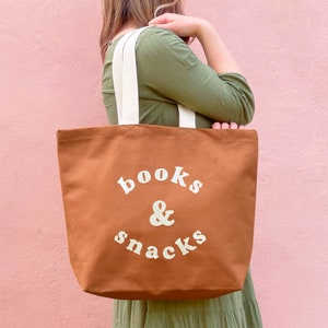 Livres et collations - Sac en toile - Cabas en toile - Cabas en toile marron clair - Sac en toile - Sac cabas en toile - Grand sac fourre-tout - Cartable d'école