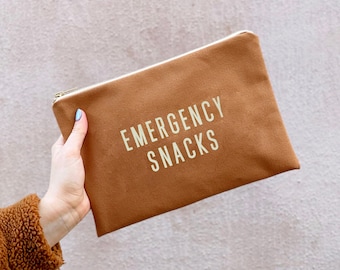 Emergency Snacks Canvas Pouch - Canvas Makeup Pouch - Tan Canvas Pouch - Zipper Pouch - Slogan Pouch - Tan Clutch Bag