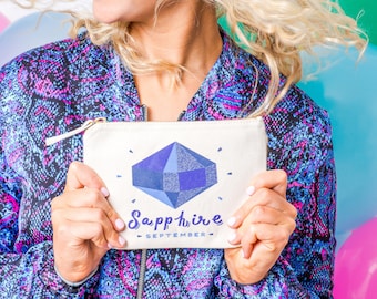 Sapphire Birthstone - Canvas Pouch - Birthday Gift for Her - Enamel Pin Set - Birthstones Pouch - Alphabet Bags