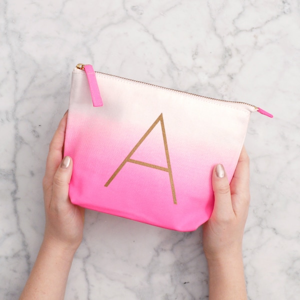 Personalised Makeup Bag - Ombre Initial Makeup Bag - Hot Pink Makeup Bag - Monogrammed Makeup Bag - Alphabet Cosmetics Bags - Makeup Bag