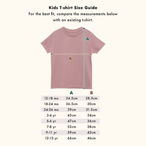 May include: A size chart for kids' t-shirts with measurements in centimeters for length (A) and width (B) for different ages, from 12-18 months to 12-13 years.