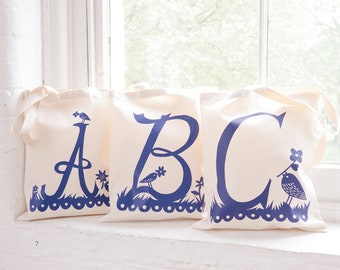 Rob Ryan Initial Tote Bag - Personalized Tote Bag - Alphabet Bag - Letter Tote - Reusable Canvas Tote Bag - Letter Bag - Cotton Shopping Bag