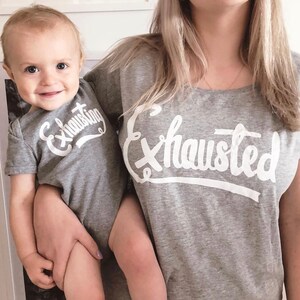 Exhausted T-Shirt Set Exhausted/Exhausting Matching Set Mini Me Clothes Funny Parent Clothes Exhausted Top Set Alphabet Bags image 3