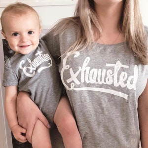 Mum Matching T Shirt Mum and Baby T Shirt Mother Baby Clothing Set Exhausted/Exhausting Set Mother's Day Gift image 2