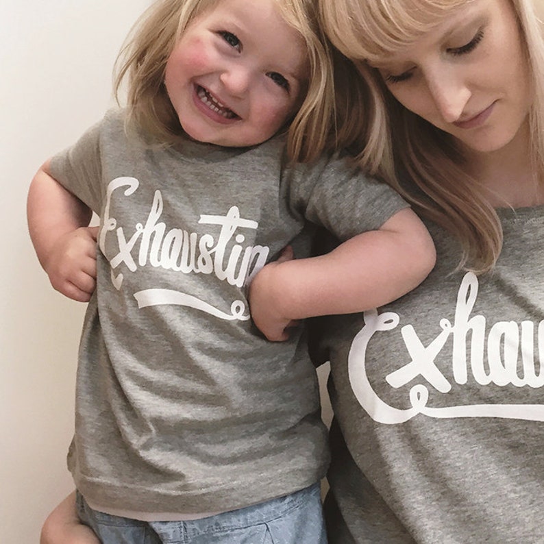 Mum Matching T Shirt Mum and Baby T Shirt Mother Baby Clothing Set Exhausted/Exhausting Set Mother's Day Gift image 3