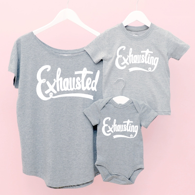 Exhausted T-Shirt Set Exhausted/Exhausting Matching Set Mini Me Clothes Funny Parent Clothes Exhausted Top Set Alphabet Bags image 1