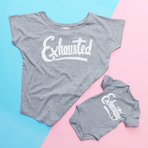 Mum Matching T Shirt Mum and Baby T Shirt Mother Baby Clothing Set Exhausted/Exhausting Set Mother's Day Gift image 4