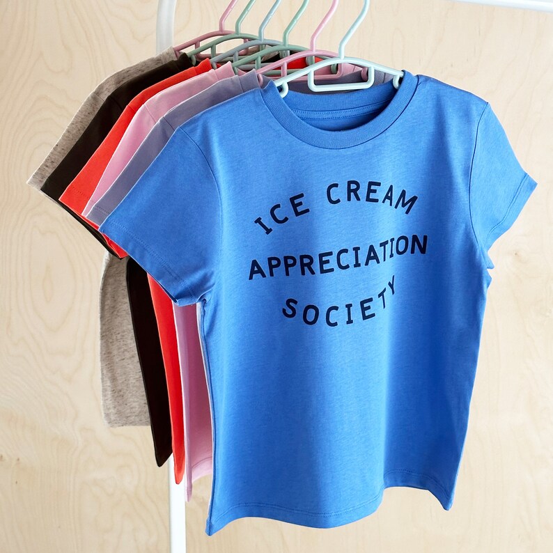 May include: A stack of t-shirts in various colors, including red, pink, blue, and gray. The top shirt is blue and has the text "ICE CREAM APPRECIATION SOCIETY" printed on it.