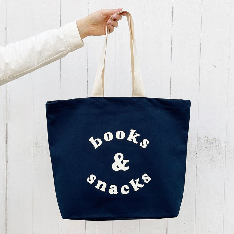 Books & Snacks Canvas Bag Canvas Tote Big Canvas Tote Bag Canvas Bag Canvas Shopper Bag Large Tote Bag School Bag Blue image 2