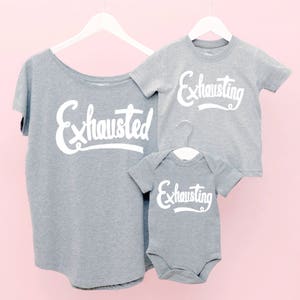 Mum Matching T Shirt Mum and Baby T Shirt Mother Baby Clothing Set Exhausted/Exhausting Set Mother's Day Gift image 1