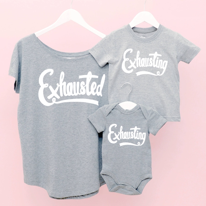 Mum Matching T Shirt Mum and Baby T Shirt Mother Baby Clothing Set Exhausted/Exhausting Set Mother's Day Gift image 1