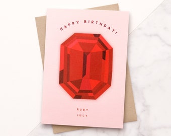 Juillet Birthstone Birthday Card - Ruby Birthday Card - Gemstone Card - Greeting Card - Birthday Card for Her - Modern Birthday Card