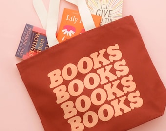 Books Books Books Books Canvas Tote | Large Book Tote and School Bag | Literary Gift for Book Lovers | Library or Bookshop Tote