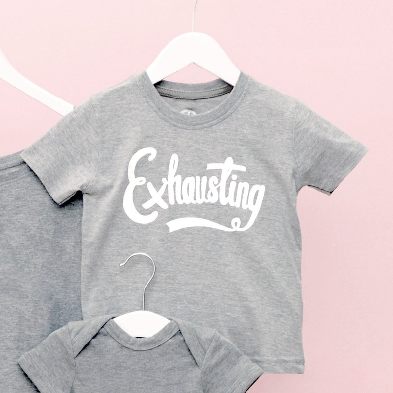 Exhausted T-Shirt Set Exhausted/Exhausting Matching Set Mini Me Clothes Funny Parent Clothes Exhausted Top Set Alphabet Bags image 10
