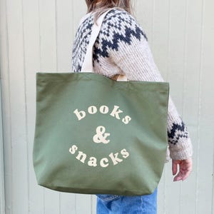 Bücher & Snacks Tasche - Canvas Tote - Große Tragetasche - Canvas Tasche - Shopper Tasche - Große Tragetasche - Schultasche - Olive Grün