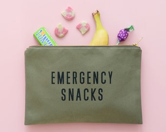 Emergency Snacks Canvas Pouch - Pink Pouch - Canvas Makeup Pouch - Snack Pouch - Zipper Pouch - Slogan Pouch - Pink Clutch Bag