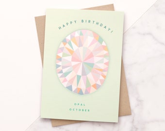 October Birthstone Birthday Card - Opal Birthday Card - Gemstone Card - Greeting Card - Birthday Card for Her - Modern Birthday Card