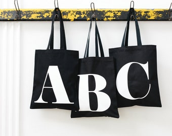 SECONDS - Black Initial Tote Bag - Personalised Tote - Canvas Tote Bag - Black Canvas Tote Bag - Eco Reusable Shopping Bag - Alphabet Bag