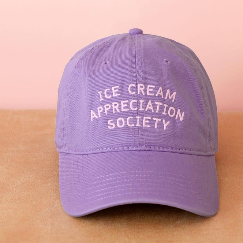Ice Cream Appreciation Society Cotton Baseball Cap | Embroidered Dad Hat | Ice Cream Lover Gift Lavender