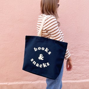 Books & Snacks Canvas Bag Canvas Tote Big Canvas Tote Bag Canvas Bag Canvas Shopper Bag Large Tote Bag School Bag Blue image 5