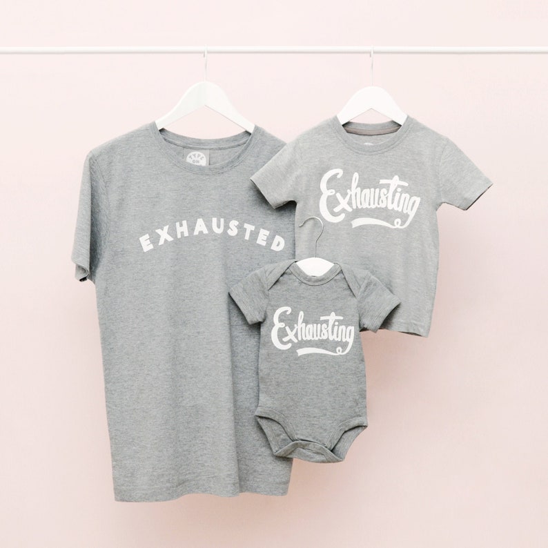 Exhausted T-Shirt Set Exhausted/Exhausting Matching Set Mini Me Clothes Funny Parent Clothes Exhausted Top Set Alphabet Bags image 2