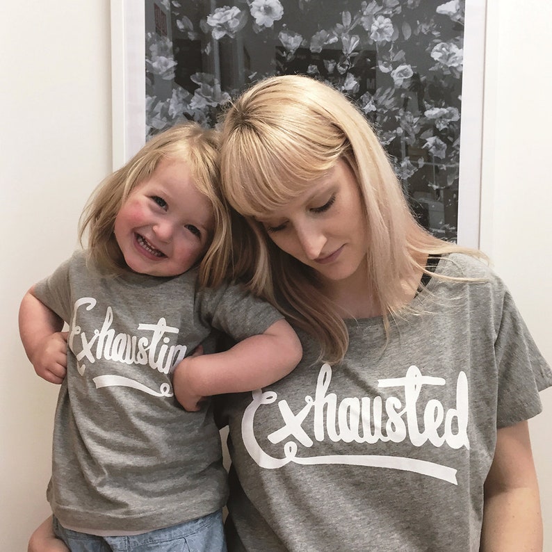 Exhausted T-Shirt Set Exhausted/Exhausting Matching Set Mini Me Clothes Funny Parent Clothes Exhausted Top Set Alphabet Bags image 4