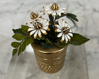 Vintage Enameled Metal Miniature Daisy Flowers in Thimble Vase