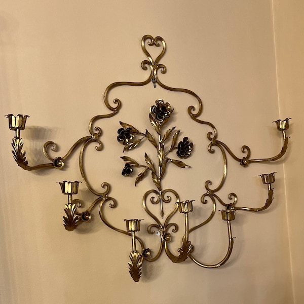 Vintage Gold Tole Italian Candelabra Wall Sconce - 7 Candle Holder