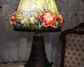 Antique Pair Point Puffy Ribbed Glass, Revers Painted Flowers Lamp Shade - Table Lamp