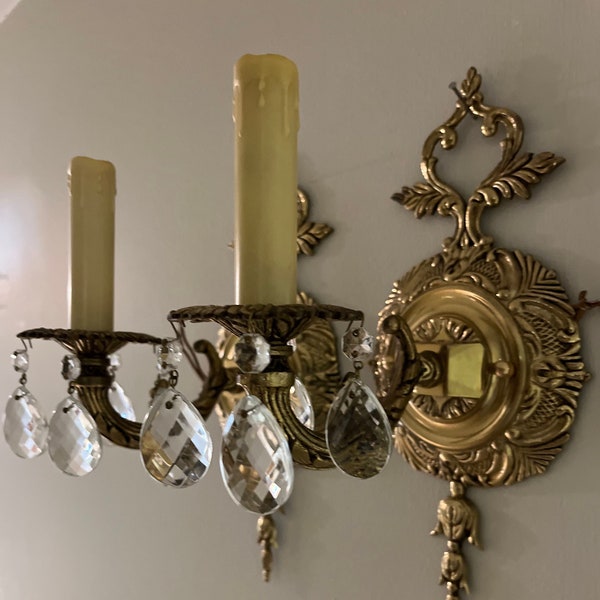 Vintage Spanish Brass & Crystal Single Light Wall Sconces  Set Of Two- Hollywood Regency Style